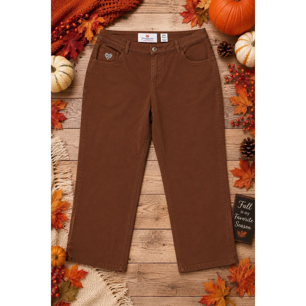 Quacker Factory DreamJeannes 24W Short Brown Rhinestone Bling Stretch Pants